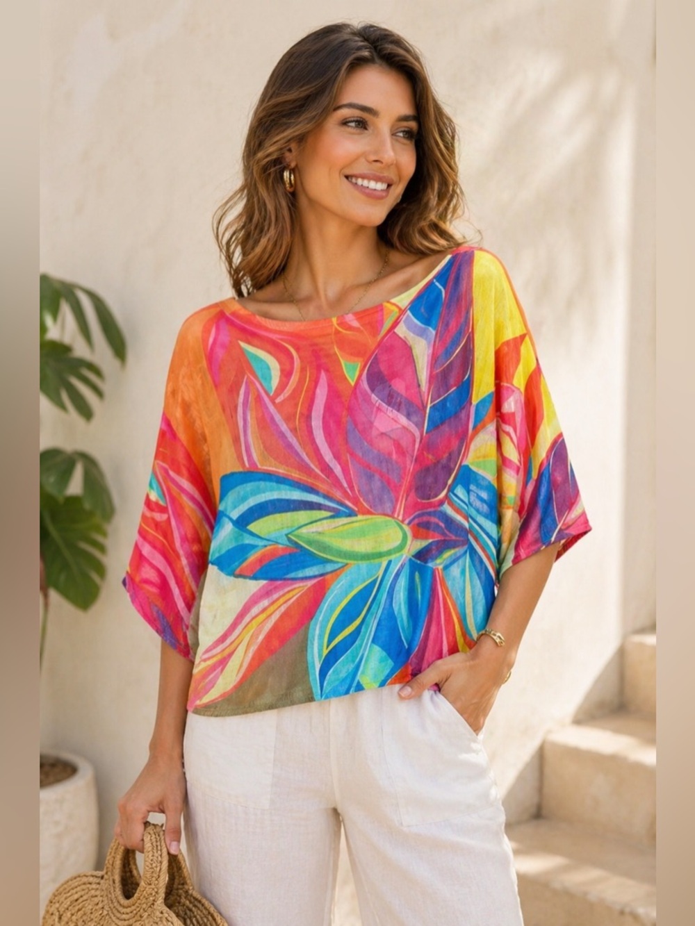 Yolly Multi-Color Floral-Print Boatneck Blouse made in Italy